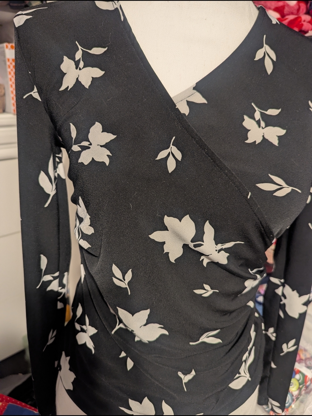 Ann Taylor Black Floral Wrap-Style Long Sleeve Top